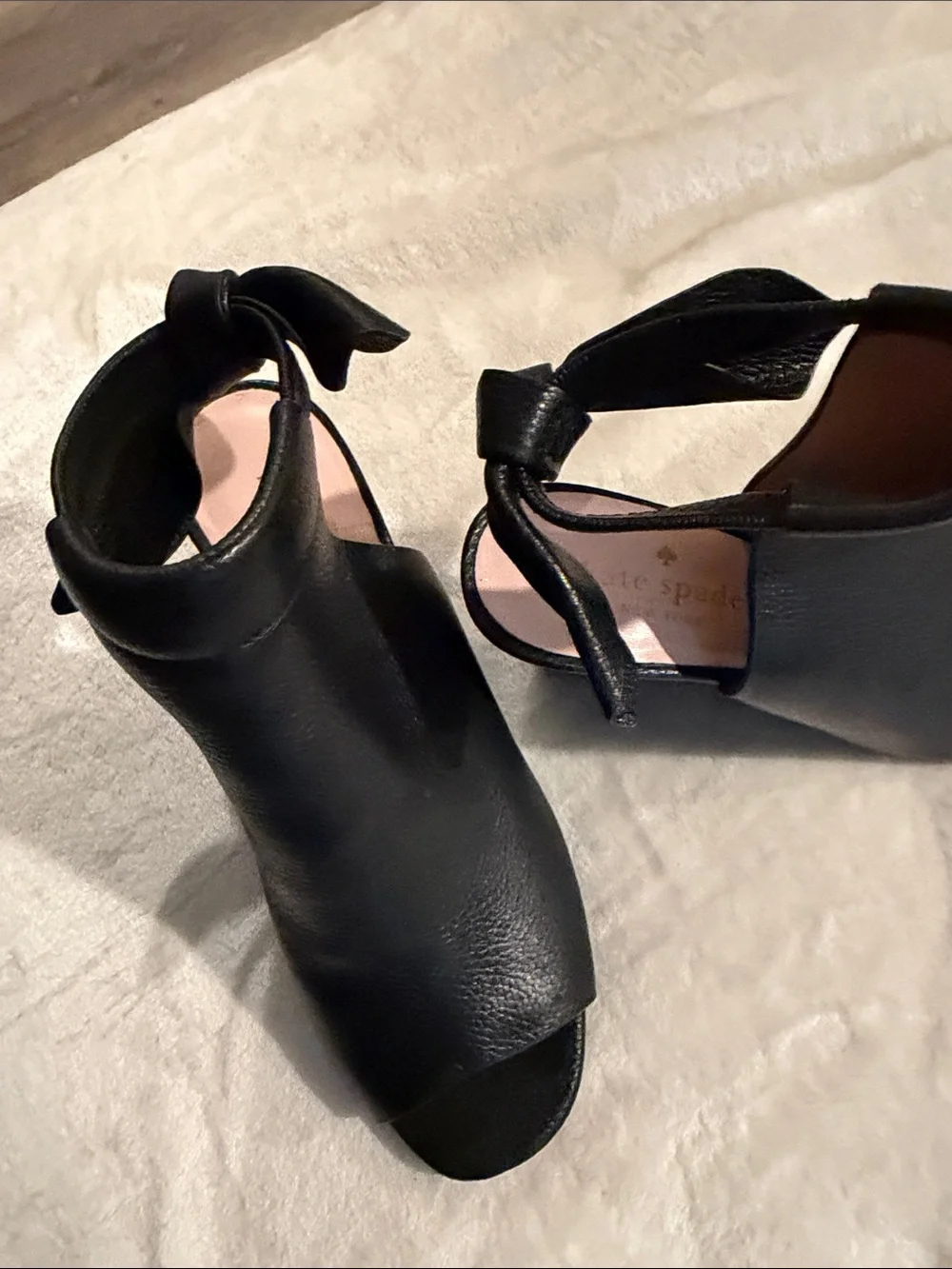 kate spade Black Leather Open-Toe Ankle-Wrap Wedge Sandals